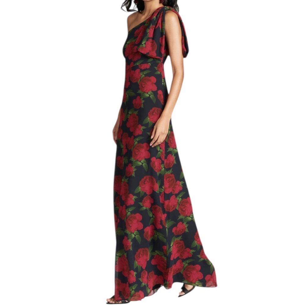 NWT SACHIN + BABI Black Floral Sleeveless One Shoulder Bow Dress Gown Size 10